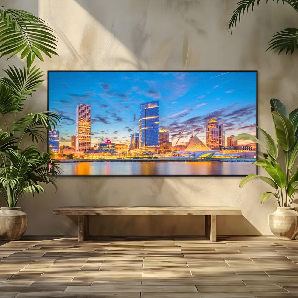 Tablou canvas cu panorami urbana nocturna milwaukee pe apa, in rama de aluminiu negru